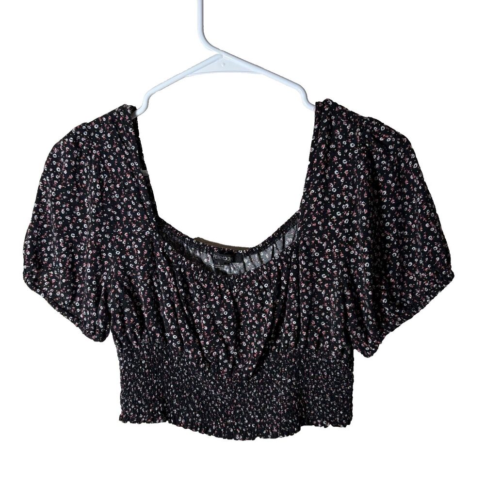 Papermoon Blouse Women's Large Black Cropped Puff Sleeve Boho Casual Top